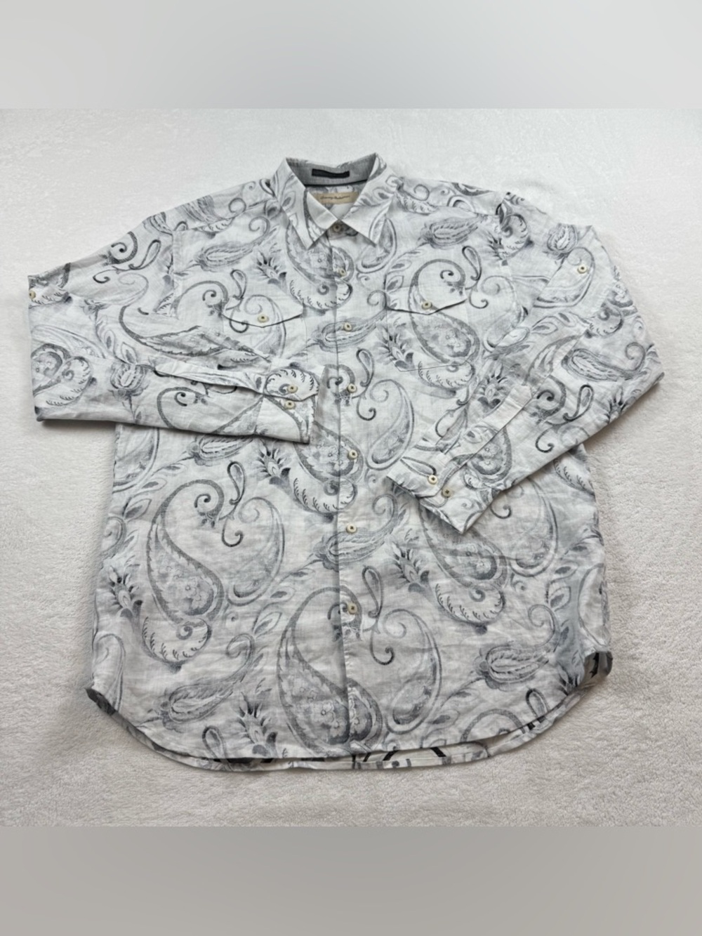 Tommy Bahama linen shirt men’s size L gray paisley floral long sleeve button up
